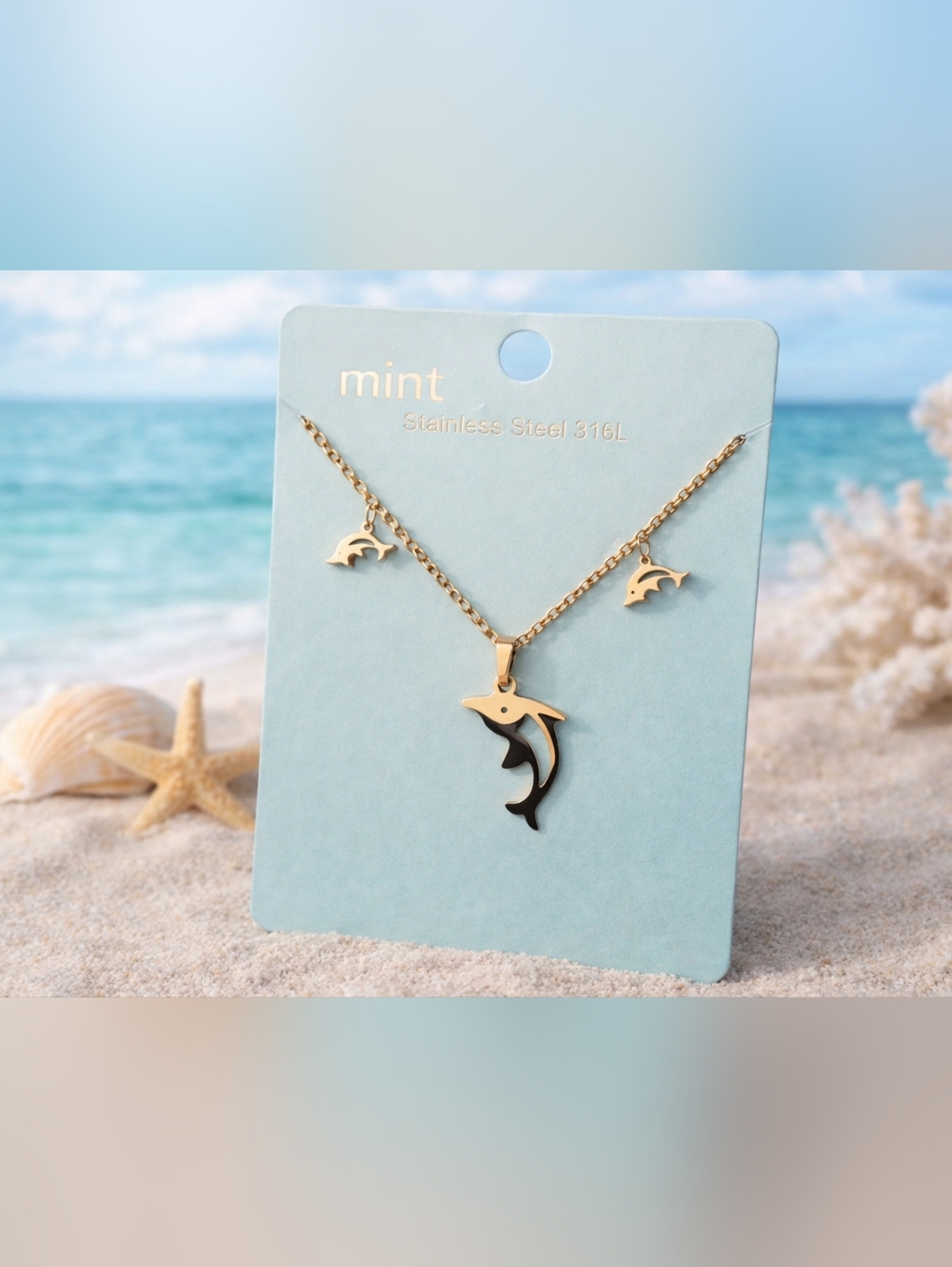Gold Tone and Black Dolphin Necklace with Matching Studs